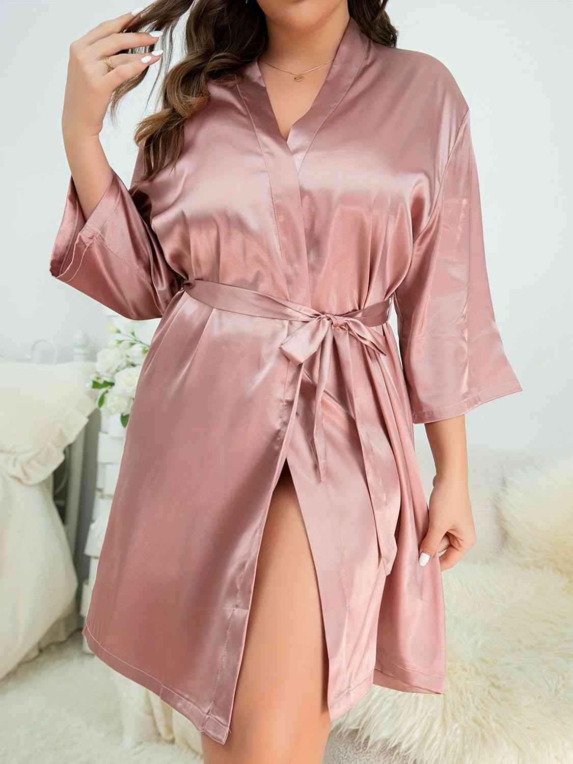 Plus Size Surplice Neck Tie Waist Robe