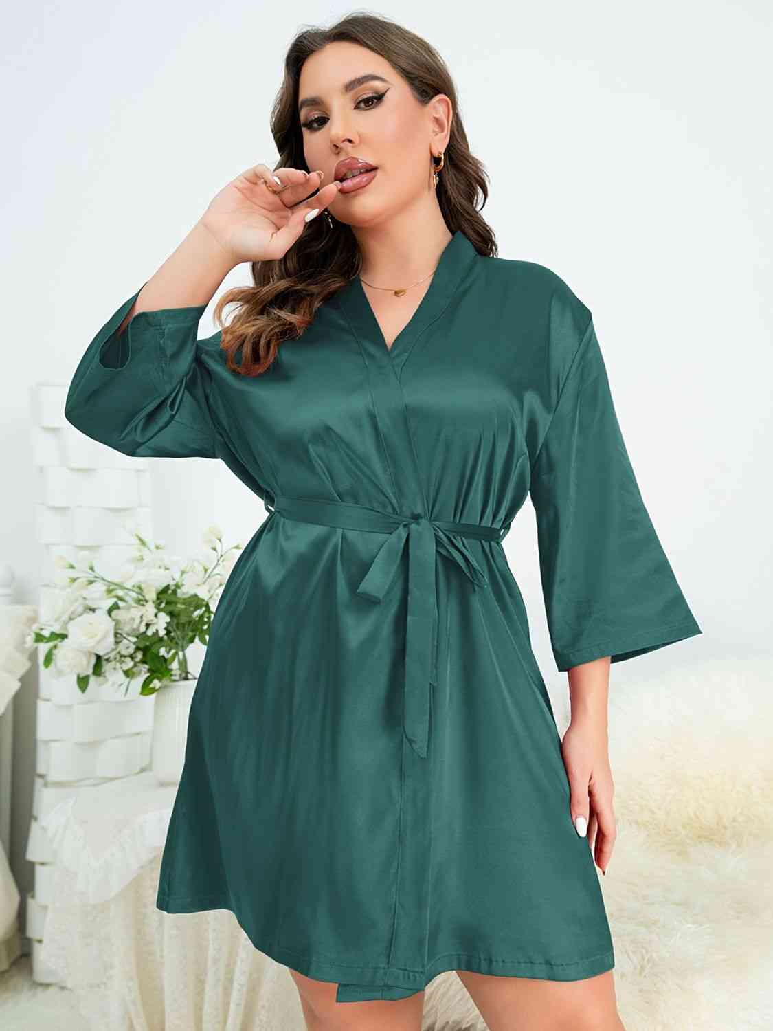 Plus Size Surplice Neck Tie Waist Robe